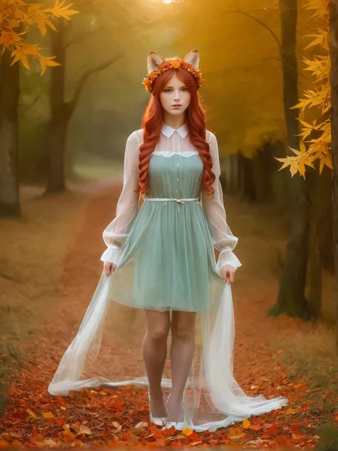 Autumn fox ethereal girl in transparent autumn dress red hair to the ground on head wreath