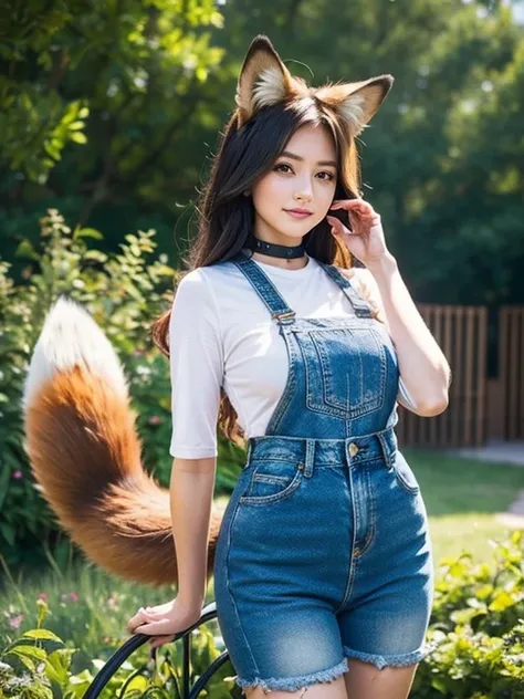 ((Best Quality, 8k)), ((masterpiece)), (Highest Resolution), Perfect Face, Woman with fox ears, Woman with a tail, Beautiful woman, It was taken in the garden, Only one tail, She has thick thighs, Her big fox tail, I can see her fox tail, She wags her tail...