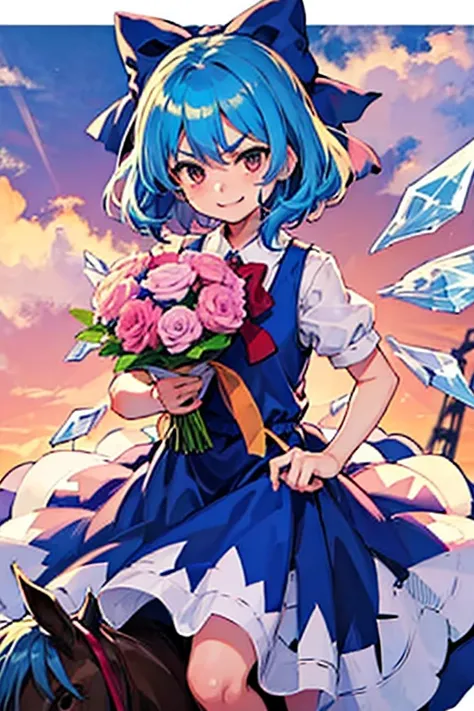 , cute smile low length Troubled face in trouble V-shaped eyebrows Bubbles,1girl, cirno, blue hair, hair bow, blue dress, short sleeves, ice wings, red bowtie,sumiyao+　Riding a horse🐎　Theres a horse next to it🐎　holding a pink bouquet💐　Horse and Friendship🐴