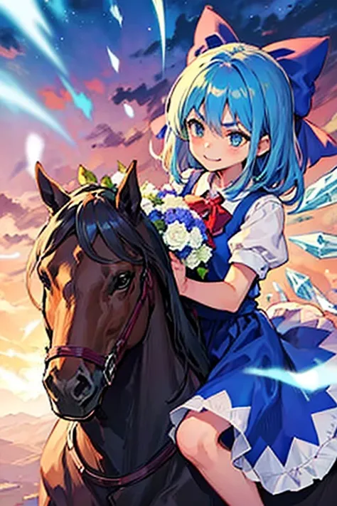 , cute smile low length Troubled face in trouble V-shaped eyebrows Bubbles,1girl, cirno, blue hair, hair bow, blue dress, short sleeves, ice wings, red bowtie,sumiyao+　Riding a horse🐎　Theres a horse next to it🐎　holding a pink bouquet💐　Horse and Friendship🐴