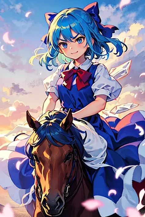 , cute smile low length Troubled face in trouble V-shaped eyebrows Bubbles,1girl, cirno, blue hair, hair bow, blue dress, short sleeves, ice wings, red bowtie,sumiyao+　Riding a horse🐎　Theres a horse next to it🐎　holding a pink bouquet💐　Horse and Friendship🐴