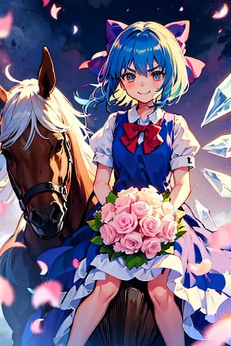 , cute smile low length Troubled face in trouble V-shaped eyebrows Bubbles,1girl, cirno, blue hair, hair bow, blue dress, short sleeves, ice wings, red bowtie,sumiyao+　Riding a horse🐎　Theres a horse next to it🐎　holding a pink bouquet💐　Horse and Friendship🐴