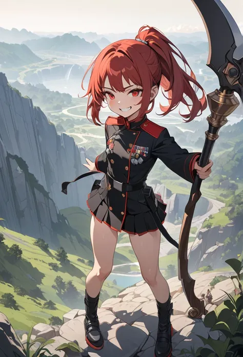 masterpiece, Best Quality, High resolution, Ultra-detailed, Anime Style, Fantasy, whole body, Standing, One Girl, , Grin, 150cm, Petite, slim, Medium chest, break, Red medium hair, ponytail, break, Red Eyes. break, Black Military Dress, mini skirt, break, ...