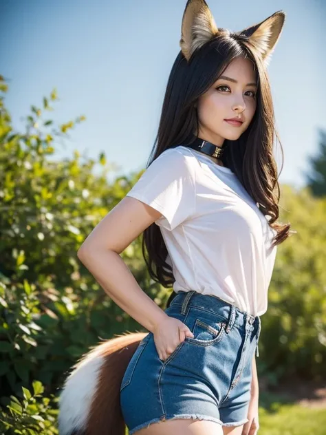 ((Best Quality, 8k)), ((masterpiece)), (Highest Resolution), Perfect Face, Woman with fox ears, Woman with a tail, Beautiful woman, It was taken in the garden, Only one tail, She has thick thighs, Her big fox tail, I can see her fox tail, She wags her tail...