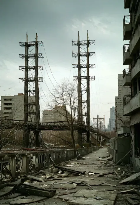 image of the view of a winding bridge BROKEN IN HALF HORIZONTALLY between a tall tower in the center of a post-apocalyptic New York CITY and another building, view of the entire dark CITY in time square, Movie scene "I am the legend", there is a reinforced...