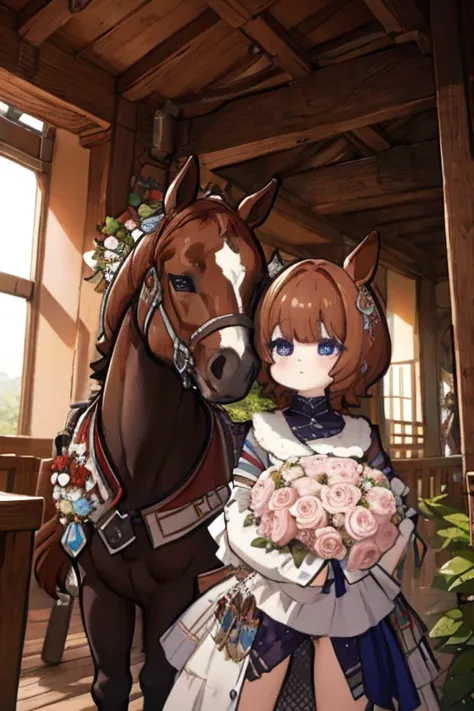 Riding a horse🐎　Theres a horse next to it🐎　holding a pink bouquet💐　Horse and Friendship🐴