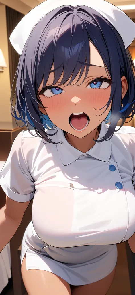 (Masterpiece:1.5), Super detailed, High resolution, 8k, Beautiful details, 超High resolution, 1 cute girl, Brown skinned girl, Dark blue hair, Blue-gray eyes, short hair, Hotel, Well-tanned skin, Ahegao, Excited, nurse, Big Breasts, 