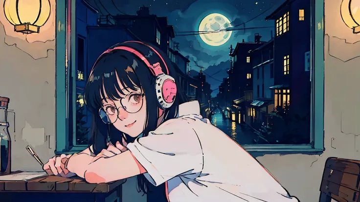 anime　girl　Black Hair　Glasses　focus　smile　Studying at a desk　Headphones　Semi-long　Room with a window　Cat relaxing at the window at night　The moon is big　Plain clothes