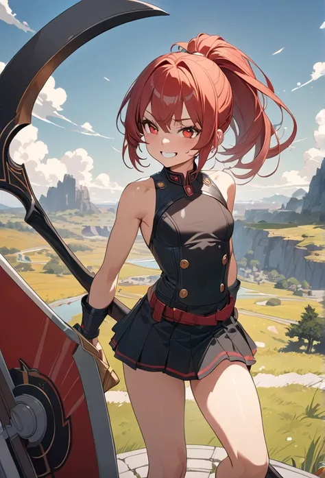 masterpiece, Best Quality, High resolution, Ultra-detailed, Anime Style, Fantasy, whole body, Standing, One Girl, , Grin, 150cm, Petite, slim, Medium chest, break, Red medium hair, ponytail, break, Red Eyes. break, Black Military Dress, mini skirt, break, ...