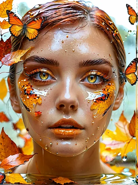 Woman eyes amber like a cat autumn leaves transparent butterflies glass autumn water drops 