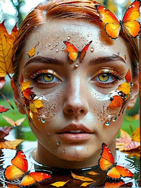 Woman eyes amber like a cat autumn leaves transparent butterflies glass autumn water drops 