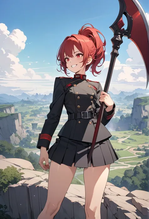 masterpiece, Best Quality, High resolution, Ultra-detailed, Anime Style, Fantasy, whole body, Standing, One Girl, , Grin, 150cm, Petite, slim, Medium chest, break, Red medium hair, ponytail, break, Red Eyes. break, Black Military Dress, mini skirt, break, ...