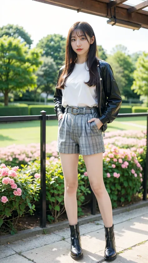 (8k、RAW Photos、Best Quality、masterpiece:1.2)、(Realistic、Realistic)、1 person、((See-through、belt、Straight Hair、Checked shorts、Thin legs、boots、View from the front、Looking into the camera、garden、Stand with hands on hips))、cute