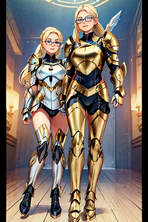 female, blonde long hair in ponytail, blue eyes, (((1girl))), (((white and gold armor))), (black mechanical gauntlets), (black m...