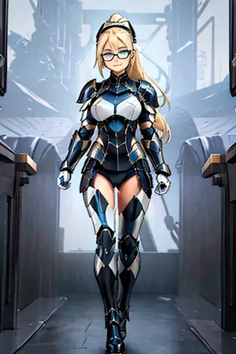 female, blonde long hair in ponytail, blue eyes, (((1girl))), (((white and black armor))), (black mechanical gauntlets), (black ...