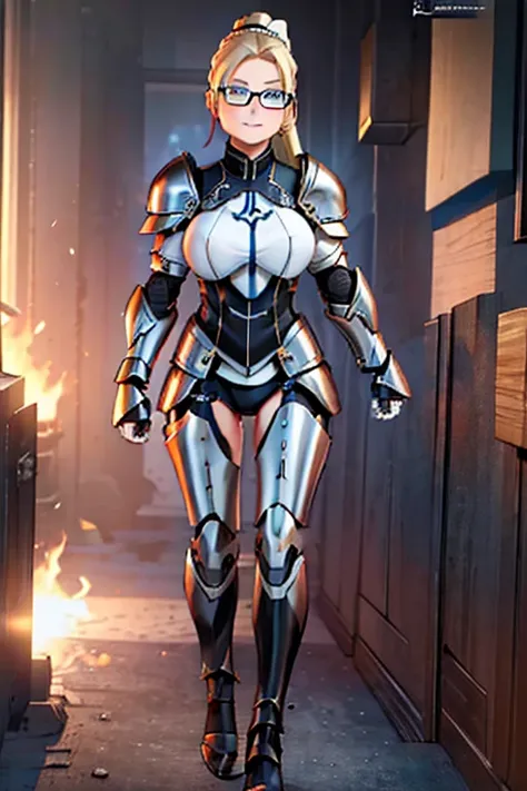 female, blonde long hair in ponytail, blue eyes, (((1girl))), (((white and black armor))), (black mechanical gauntlets), (black mechanical boots), (glasses), cute and sexy, full body, big breasts, long legs, smiling