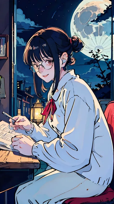 anime　girl　Black Hair　Glasses　focus　smile　Studying at a desk　Headphones　Semi-long　night景がきれいな部屋　 night　The moon is big　Flashy clothes