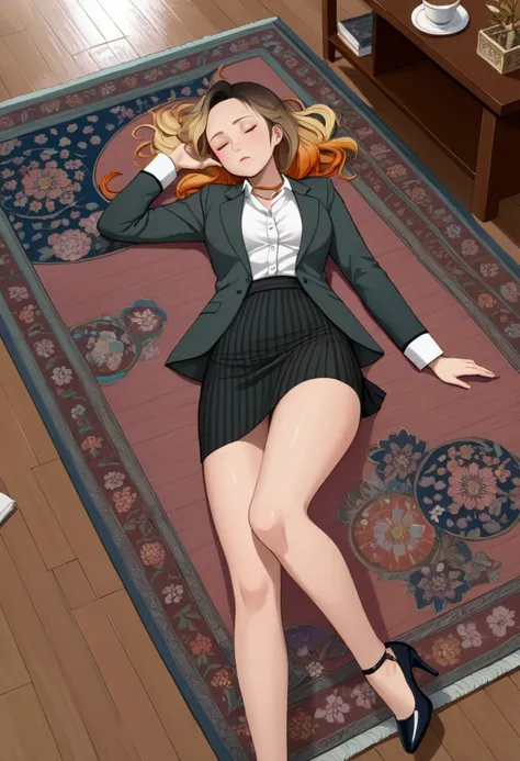 beauty American business woman, lying down on table among parquet floor, lying on flat, sleep with turning face up, sleeping, closed eyes, she is in black medium wavy hair (+forehead, blonde ombre hair, multicolored hair), wears orange-gray long sleeves bl...