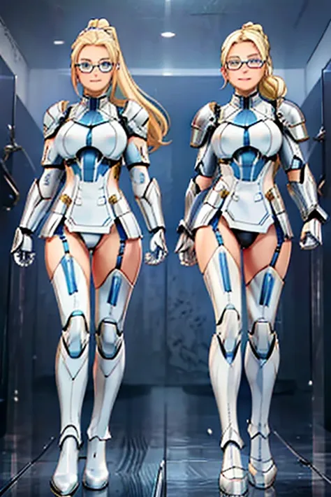 female, blonde long hair in ponytail, blue eyes, (((1girl))), (((white armor))), (black mechanical gauntlets), (white mechanical...