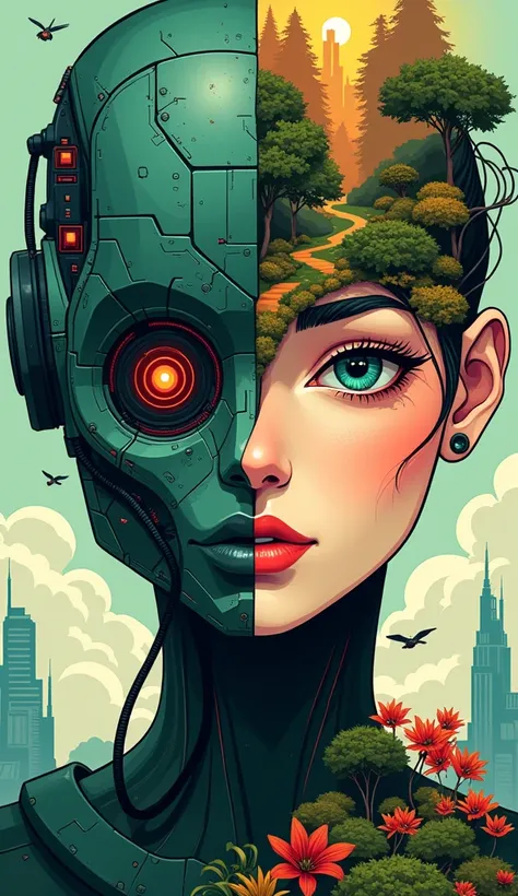 "Generate a close-up image of a human with half of their face as a robot and the other half as a human. The robotic half of the face should have a futuristic background featuring colorful buildings and flying cars, while the human half should have a natura...