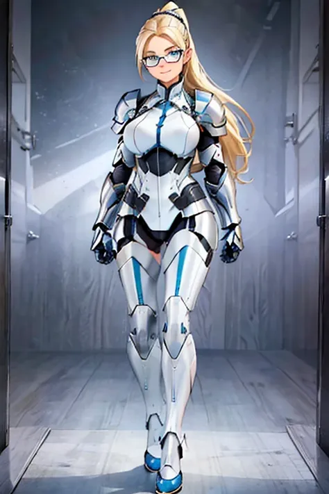 female, blonde long hair in ponytail, blue eyes, (((1girl))), (((white armor))), (black mechanical gauntlets), (white mechanical...