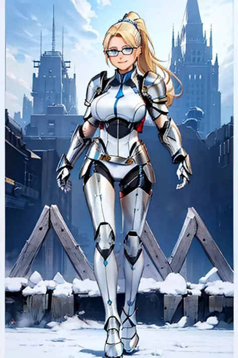 female, blonde long hair in ponytail, blue eyes, (((1girl))), (((white armor))), (black mechanical gauntlets), (white mechanical boots), (glasses), cute and sexy, full body, big breasts, long legs, smiling