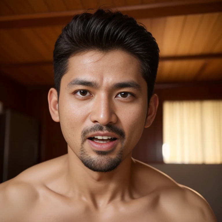 40-year-old father,One Man、naked、indoor、futon、,Muscular、Short perm on buzz cut、Sri Lankan face　Stubble　Close-up of face　Bad guy face　Open your mouth wide and scream