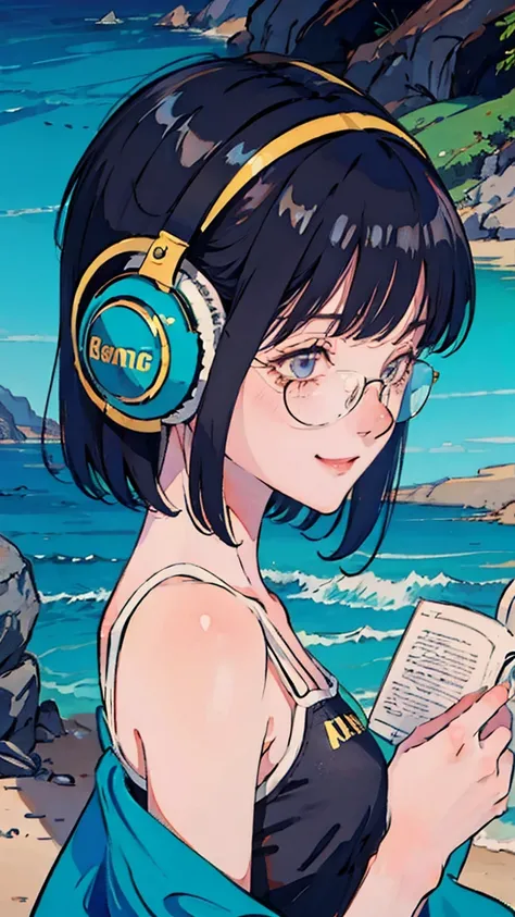 anime　girl　Black Hair　Glasses　focus　smile　coastal　Reading a book on the beach　Headphones　Swimwear　Blue Sea