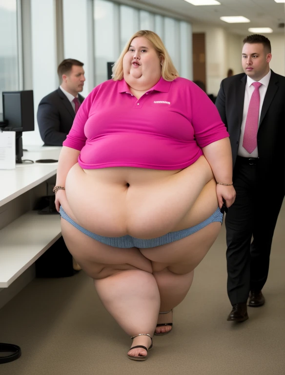 morbidly obese woman who can barely walk with blonde hair,  She is fired in front of everyone by her boss 