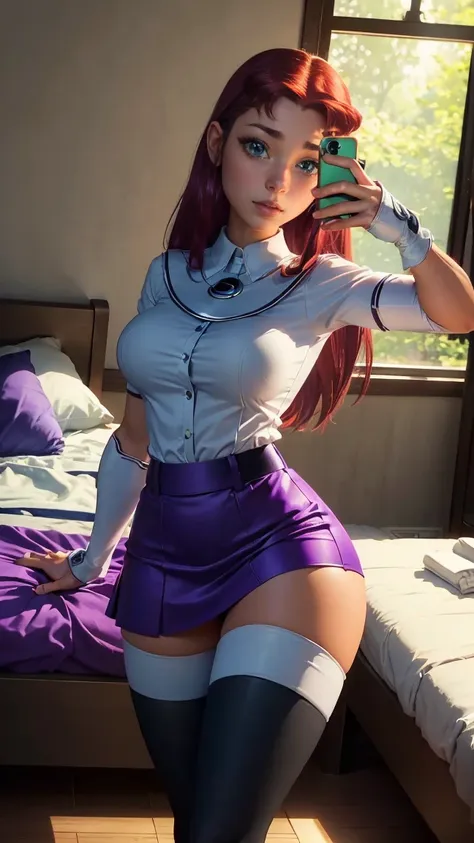 starfire very beautiful, green eyes, long straight red hair, very giant breasts , very giant legs, very giant buttocks, very wid...