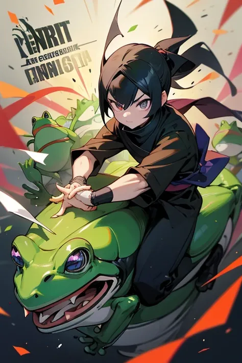 scroll in mouth, ninja, glowing eye,  interlocked fingers, riding large frog, anime coloring, confetti, spoken frog, multiple frog