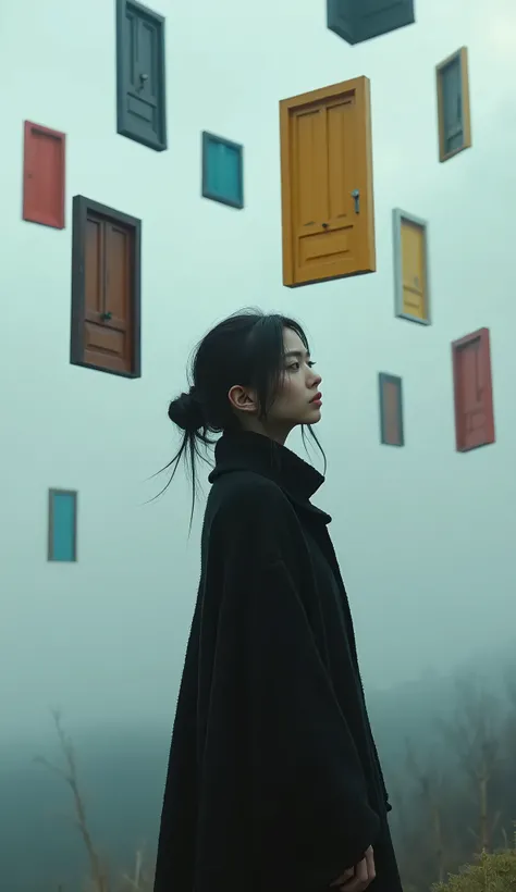 live-action、Real、A very beautiful lonely Japanese woman wearing a black knitted sweater、cloudy、Many colorful doors of different shapes are floating in the air.
