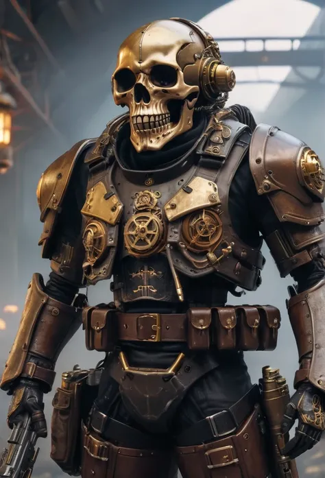 (highest quality,4k,8k,highres,masterpiece:1.2),ultra-detailed,realistic,steampunk,skull full body shot ,skull mask,combat armor,military,ballistic weapon,task force