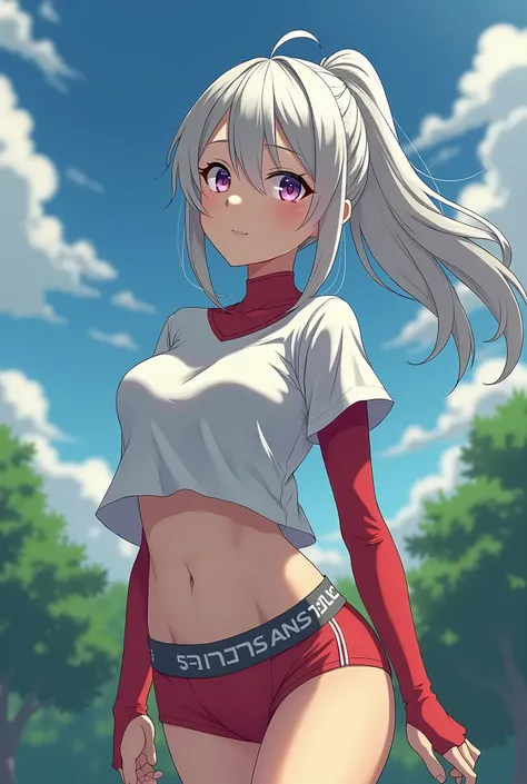 HD、Animation style、white hair 、Purple Eyes、girl、plump breasts 、High school student 、single ponytail、Baseball player、Light color short sleeve top、Long sleeve red underwear、Good shape、Thin、sash、Sky、cloud、sunny、Navel exposed、dazzler、Breasts exposed、ninja suit