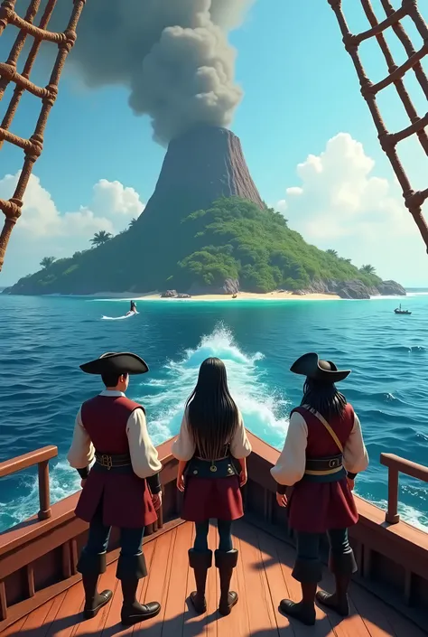 Pirate ship on the high seas with three pirates on board , dressed as pirates , View from the center of the boat. The boat approaches an island with a lot of vegetation. In the center of the island there is a volcanic mountain from which smoke comes out.. ...