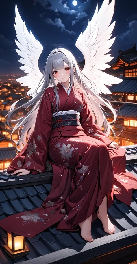 Ultra high resolution, rich colors, perfect image, top quality, detailed image, beautiful woman, glowing skin, texture of skin and clothes, delicate eyes, night, on roof, sitting, wearing kimono, angel wings on back, (((long hair with silver bangs))), red ...