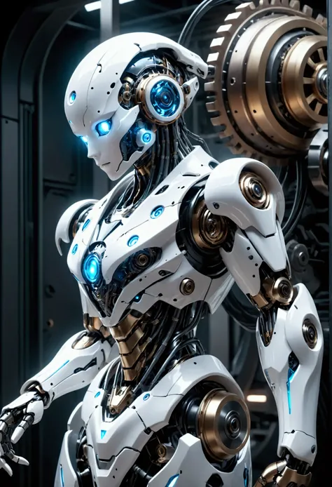 a highly detailed cinematic 4k video of an AI robot, hyper-realistic, intricate gears and machinery, glowing blue energy core, complex futuristic design, seamless motion, moody dramatic lighting, muted color palette