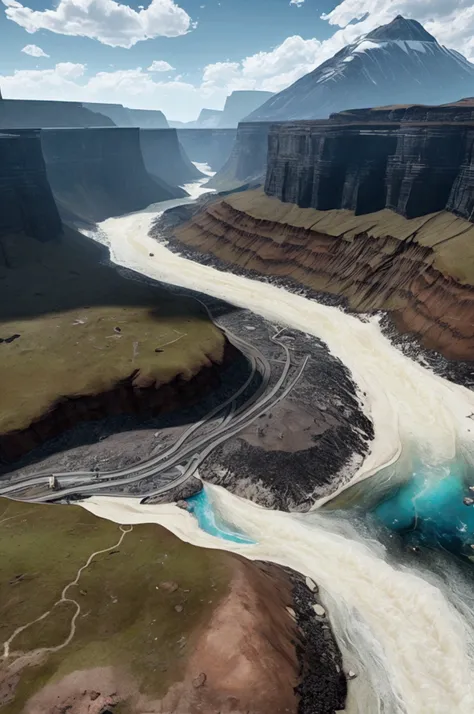 There is a mountain with a river running through it, Unreal Engine 5 Environment, Highly rendered with Unreal Engine 5, Unreal Engine 5 HDR, HDR Rendering in Unreal Engine 5, Unreal Engine 5 4K UHD Screenshots, Unreal Engine 5 Quality Rendering, Unreal Eng...