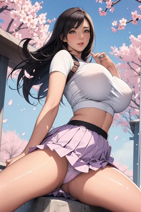 (Very beautiful face and eyes:1.2),(Blushed expression),、((Big Breasts))、White chibi with animal printＴshirt、belly button、Micro mini red pleated skirt、Beautiful legs、cherry blossoms、 (Please redeem,masterpiece:1.2),1 person,Final Fantasy 7 Tifa:1.5,Black H...