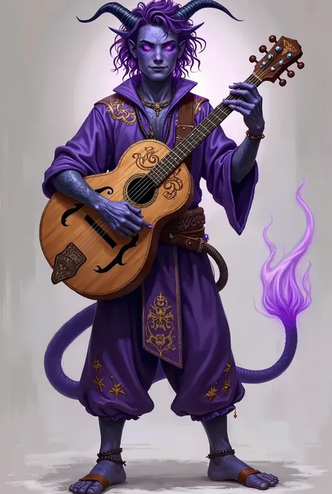 Whole body image of a Tiefling bard in his 20s with dark purple skin, small curved horns that arc upwards, a flexible purple tail, and curly shoulder-length hair in deep purple with lavender tips. His eyes glow with a bright purple light. Intricate magical...