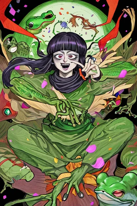 Highest quality, Double one,Junji Ito
scroll in mouth, ninja, glowing eye,  interlocked fingers, riding large frog, anime coloring, confetti, spoken frog, multiple frog