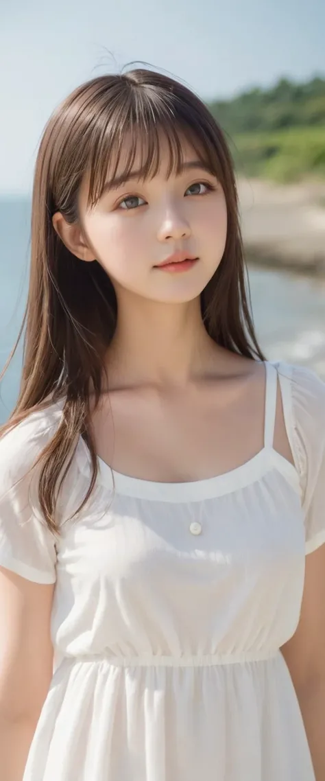 A very cute teenage girl in white is gazing at the sea shining in the sunlight of a midsummer morning sun, feminine, (the girl is baby face),(the girl has small cute face), (big double eyelid eyes), (small cute nose), (slim waist), ((small hip)), (bangs),s...