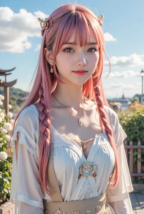 1girl, solo, long hair, looking at viewer, smile, bangs, shirt, dress, jewelry, closed mouth, white shirt, upper body, pink hair, braid, flower, earrings, outdoors, sky, day, cloud, twin braids, from side, blue sky, lips, white flower, yellow flower, risbe...