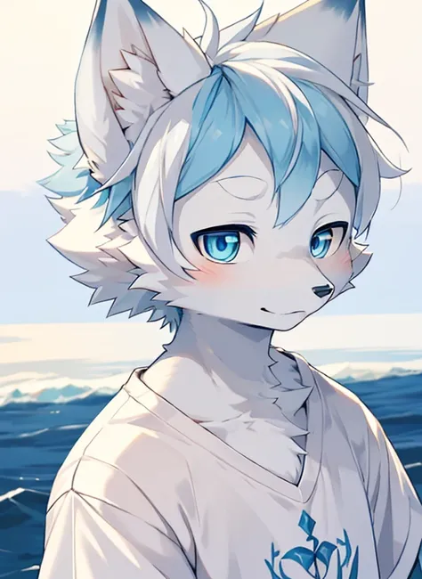 ((Best image quality))，masterpiece，The only person，Very detailed，(Male Arctic fox:1.5), (White skin:1.3), hairy，((Blue pupils))，(White fur:1.3) ,(Blue ears),(hairy 动物 耳朵s)，t-shirt，((Ha ha))，Delicate face，Detailed clothes，（（Full body close-up）），Character Cl...