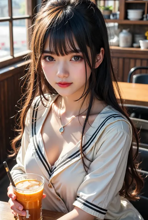 Masterpiece, best quality, high resolution, realistic, 1girl, solo, young girl, looking at viewer, cowboy shot, long black hair, bangs, brown eyes, big breasts, sailor suit, skirt, sitting, table, chairs, (boba milk tea:1.3), beverage shop, risbeauty chine...