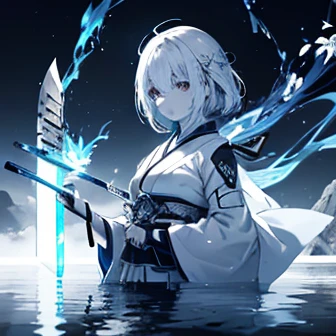 A woman,very white skin,transparent((have,long sword,Japanese sword,of the,blue flame,Reflection of light))Foreground background((central part,black and white,1：1)) Samurái con of the empuñaduras,focus,He has the dignity of a general..,overwhelm,ambition