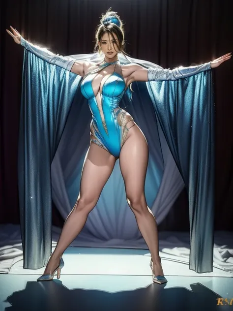 Full Body Shot, Very detailed, The costumes were inspired by Vegas.、8k, Actual Photos, impressive lighting, Dynamic action poses, Great energy effect, Light blue color palette, Simple costume design, advanced technology, Heroic and powerful, The background...