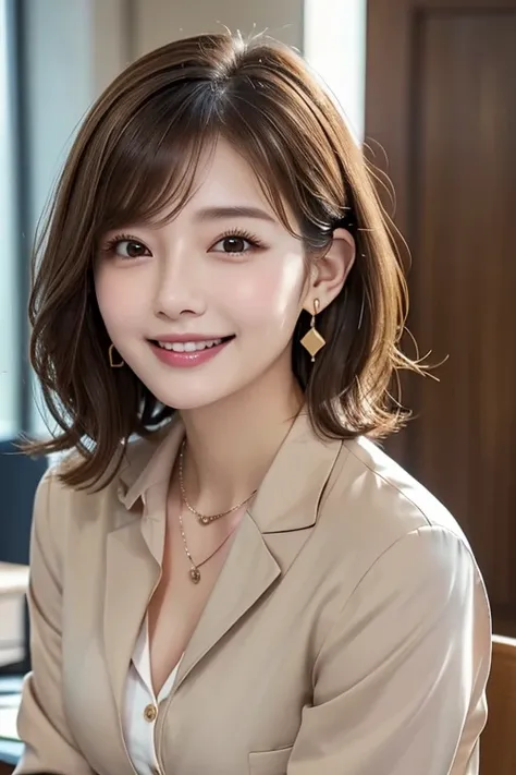 Beautiful young woman、 Intricate details, short hair、Wavy Hair、Ear Piercing、Closed Mouth Smile、、Brown Hair、 (Front View, ), Clear Beauty, (High quality fabric, Office Lady Suits 、jacket、Unbuttoned shirt、A necklace around the neck、 The background is the off...