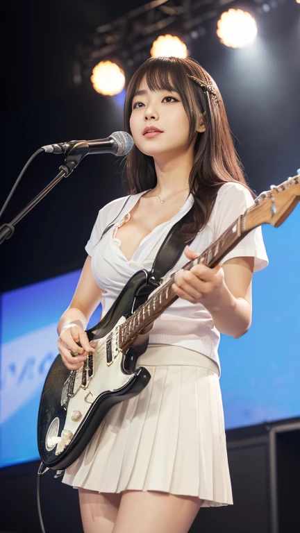 ((Beautiful Japanese woman playing electric guitar on outdoor stage at festival:1.2)), Fender Stratocaster, daytime outdoor concert, audience, large crowd, (on table), (Best picture quality, 8K, Masterpiece:1.2, RAW photo), (Realistic:1.2) Japanese, (Beaut...