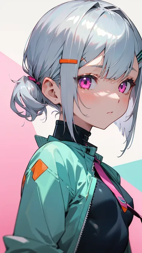 １girl、のgirl、Riders jacket、Small breasts、Silver hair short bob hairstyle、Tie your hair up with a hair clip、Beautiful pink eyes、Green、From behind、Blue and orange tones、Upper body close-up